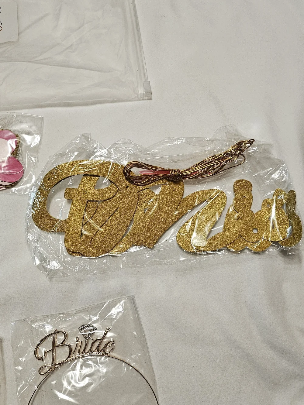 Bride Party Accessory Kit Gold and Pink Bridal Set Tiara Straws Balloons Sash
